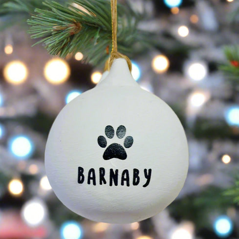 A Paw Print Personalised Ceramic Round Bauble